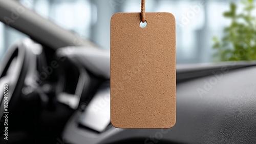 A cork tag is hanging from the rearview mirror of a car