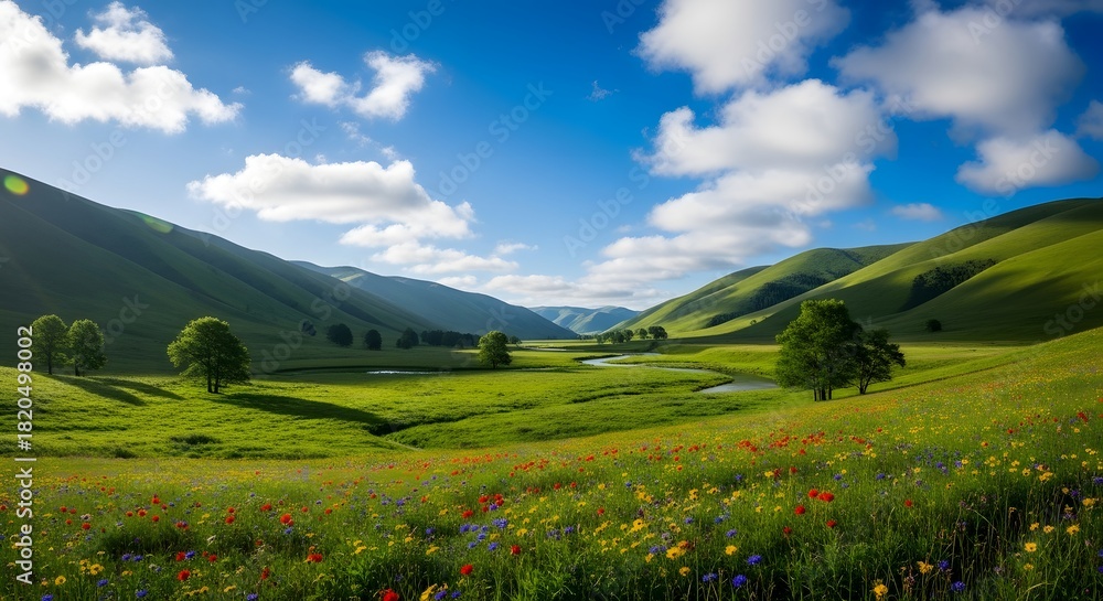 Obraz premium Idyllic valley landscape with wildflowers and rolling green hills under a blue sky