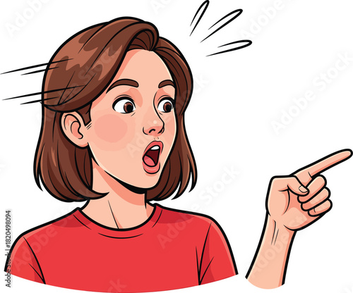 Surprised cartoon woman with brown bob hair and an open mouth pointing her finger in astonishment.