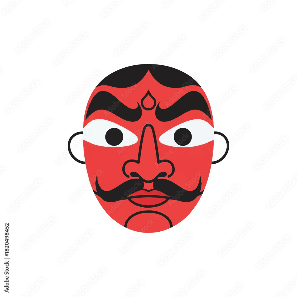 Fototapeta premium Front view illustration of a red mask featuring bold eyebrows, curved mustache and a central gemstone on a plain white background