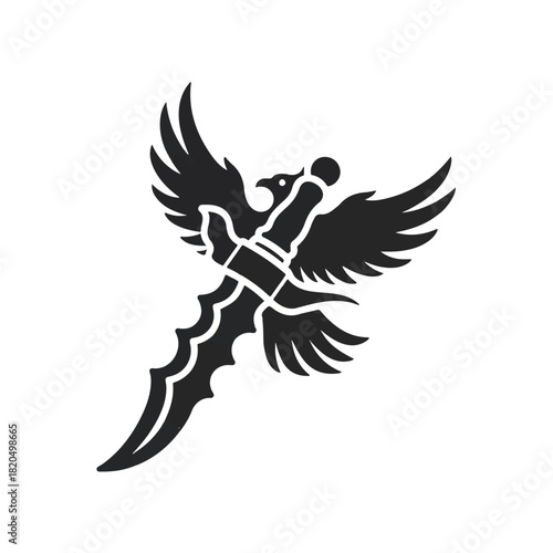 Dynamic dagger with wings silhouette soaring in black illustration, centered on white backdrop, viewed from a frontal perspective