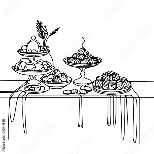 Single line drawing in modern minimalist style of Arabic dessert table with dates and sweets on white background with copy space