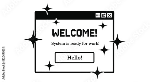 Welcome message on a retro computer screen with sparkling stars