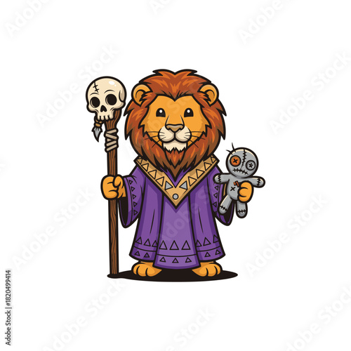 A cartoon lion character dressed as a wizard holding a staff and a voodoo doll.