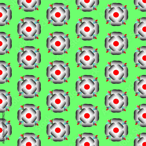 Seamless Abstract Floral Pattern with Red Centers on Light Green Background