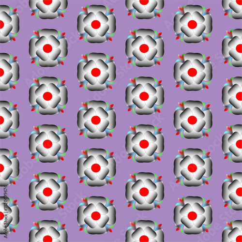 Seamless Abstract Floral Pattern with Red Centers on Purple Background