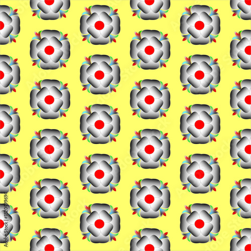 Seamless Abstract Floral Pattern with Red Centers on Yellow Background