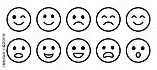 emoji faces line icon set with different emotions isolated on white background