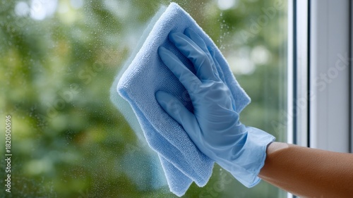 Wallpaper Mural A person is cleaning a window with a blue cloth Torontodigital.ca