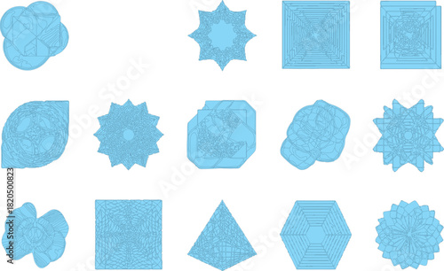 described features a collection of fifteen light blue shapes set against a white background. These shapes are diverse in their forms, encompassing a range of geometric 