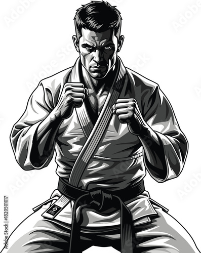 Martial arts fighter in gi black belt ready for combat illustration eps silhouette