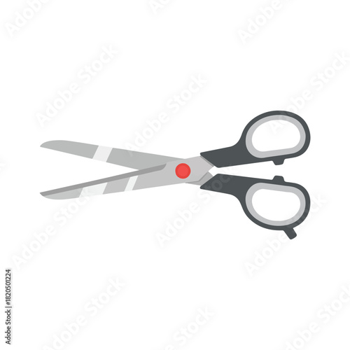A flat illustration of open scissors, featuring gray blades and black handles with white finger holes.