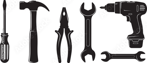 A collection of various hand tools including wrenches pliers saws screwdrivers and hammers in black silhouette | editable eps vectors