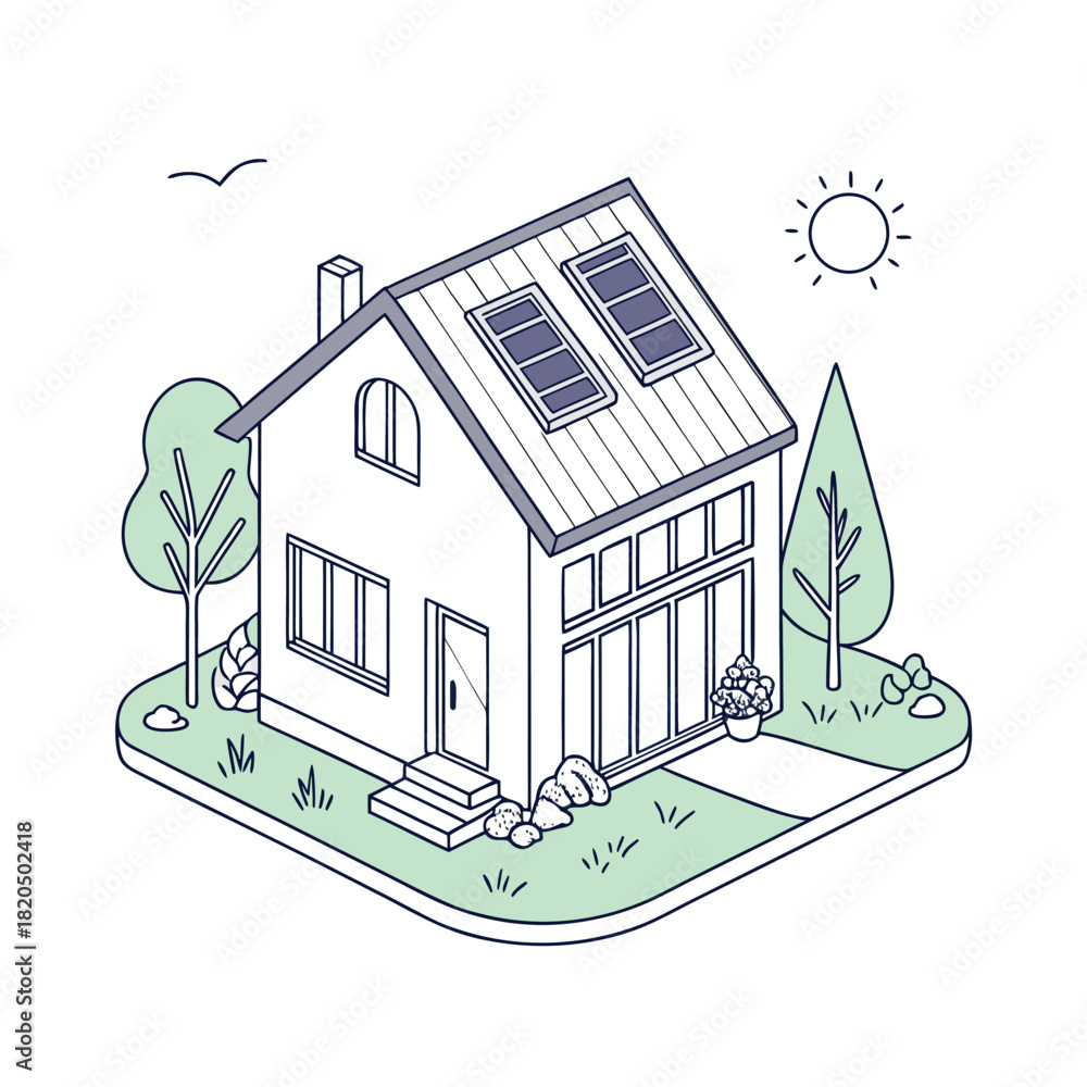 Fototapeta premium Isometric line art house with solar panels on roof surrounded by trees and garden Keywords: house, home, building, roof, solar panels, renewable