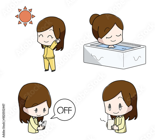 よく眠るための方法のイラスト4種類セット・女性