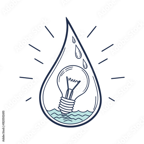 Light bulb with filament inside a water drop with waves and rays Keywords: light bulb, water drop, waves, rays, idea, innovation, concept, energy