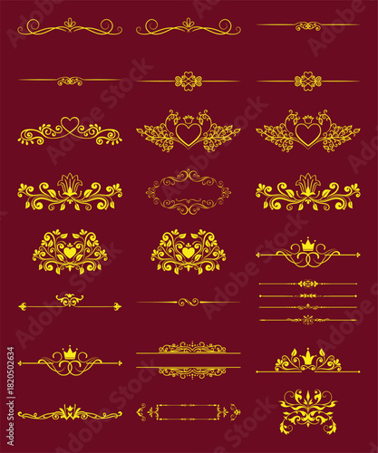 Collection of Elegant Golden Ornate Flourishes and Dividers on Burgundy Background