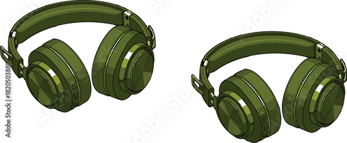 described features two olive green headphones in a vector-style drawing, showcasing several key elements