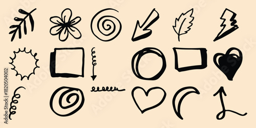 Collection of Hand-Drawn Black Icons and Symbols on a Light Background