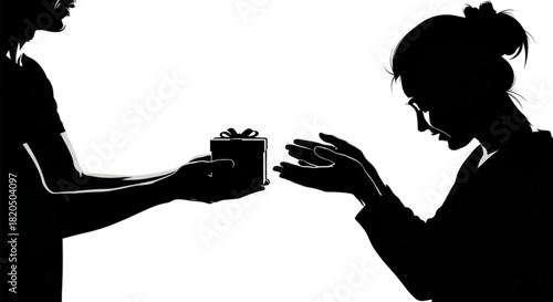 Silhouette of a man giving a small gift box to a woman.