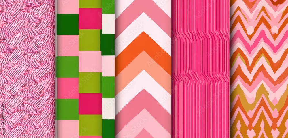 Fototapeta premium A vibrant mix of six different textile patterns in pink, green, and orange
