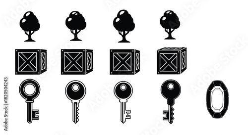 Game assets with trees, boxes, keys, and gem for game development