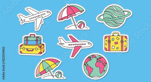 Dreaming of vibrant summer travels with planes, beach, and luggage