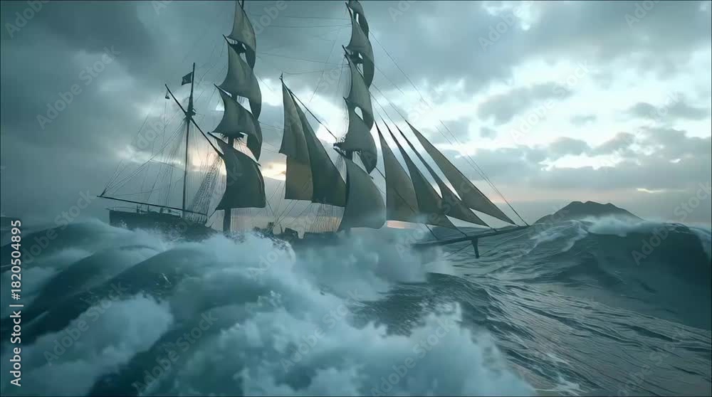Dramatic sailing ship battling stormy seas, a vintage vessel navigating ...