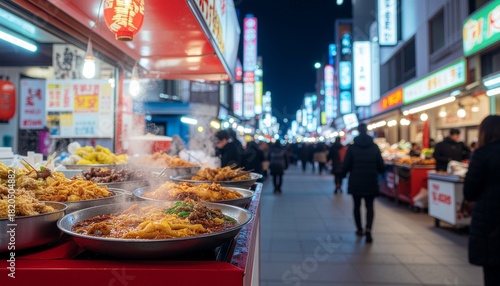 A bustling night market scene showcasing various food stalls with people walking.