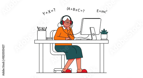 Grandma learning math online with headphones and computer at home