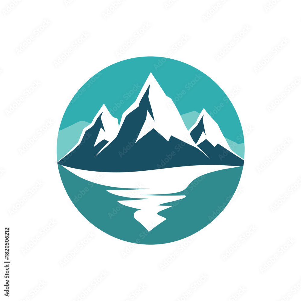 Obraz premium Minimalist logo of snow-capped mountains reflected in water within a teal circle