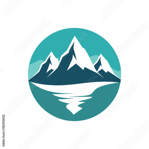 Minimalist logo of snow-capped mountains reflected in water within a teal circle