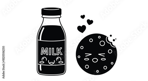 Whimsical milk and cookie snack with adorable faces and tiny hearts