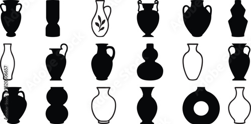 Collection of Silhouetted and Outline Vases and Amphorae in Various Styles