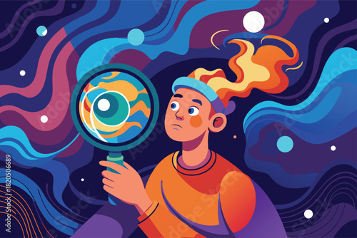 Dive into Discovery with Curiosity and a Magnifying Glass in a Vibrant World of Artistic Exploration and Visual Depth, Inspiring Creative Thinking