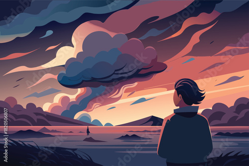 Introspective moment watching sunset over tranquil landscape, beautiful clouds and silhouette figures evoke peace, reflection, and inspiration in nature's art