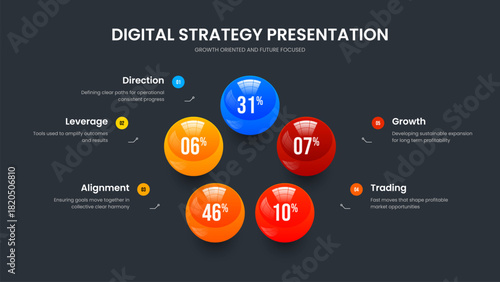 Company Overview 5 Step Chart Frame Design. Educational Planning Five Element Diagram Slideshow Layout. Sales Briefing Slide Template Vector Illustration.