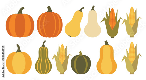 A flat vector illustration of various autumn harvest vegetables including pumpkins, squash, and corn on the cob against a white background.