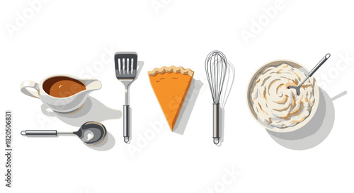 Thanksgiving feast illustration featuring gravy, spatula, pie slice, whisk, and mashed potatoes.