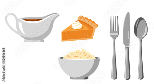 A Thanksgiving meal setting with a gravy boat, a slice of pumpkin pie, mashed potatoes, and cutlery.