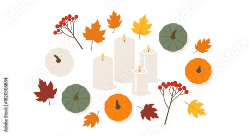 Autumnal arrangement of candles, pumpkins, leaves, and berries on a white background.