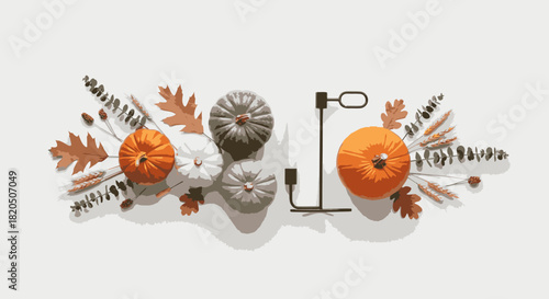 Autumnal arrangement featuring pumpkins, leaves, and decorative elements, creating a fall-themed composition.