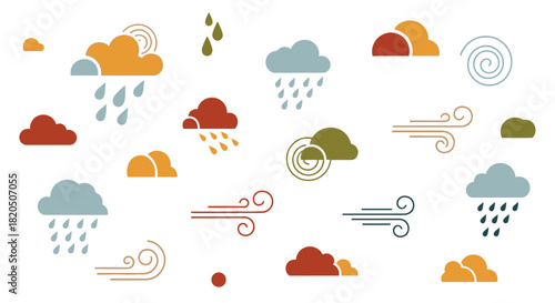 A collection of modern, stylized weather icons depicting clouds, rain, and wind in earthy tones on a white background.