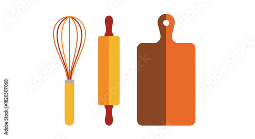 A whisk, a rolling pin, and a cutting board are displayed against a white background.