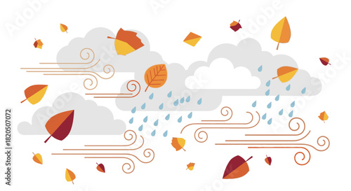 Autumnal scene depicting wind, rain, clouds, and falling leaves, evoking a sense of seasonal change.