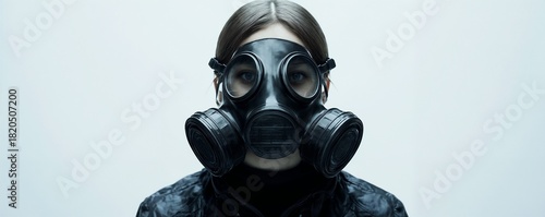 Portrait of person wearing black gas mask and dark jacket.