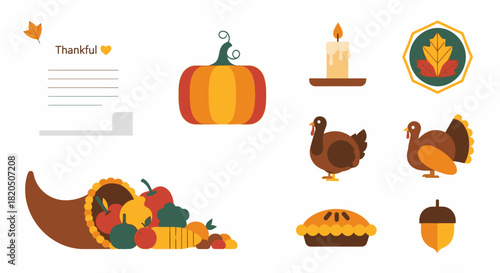 A collection of Thanksgiving-themed illustrations including a cornucopia, pumpkins, turkeys, pie, and autumn leaves.