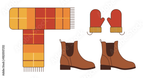A flat lay illustration of winter accessories including a plaid scarf, red mittens, and brown boots.