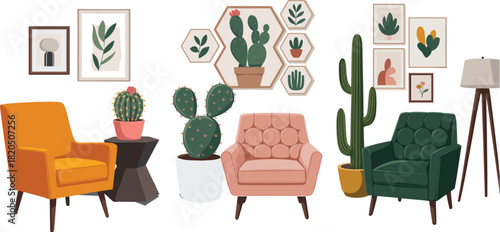  Bohemian Mid-Century Modern Interior Vector Set Featuring Stylish Armchairs, Potted Cactus, Floor Lamp, and Abstract Botanical Gallery Wall Art Decor.