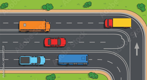 Colorful vehicles driving on the road with green landscape design